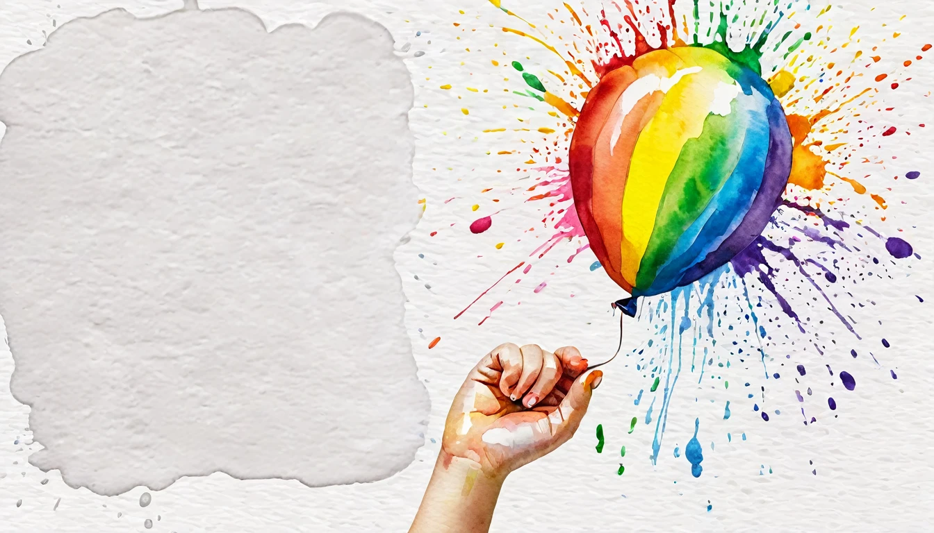 there is a hand print of a child's hand with a balloon, finger painting, colourful hand drawing, painted with colour on white, water color splash, rainbow splash of ink, colorful watercolor painting, colorful watercolor, colored paint, inkblots of color, watercolor splash, rainbow colored, colorful picture, human hand, rainbow gouache, colorful paint, colorfull painting