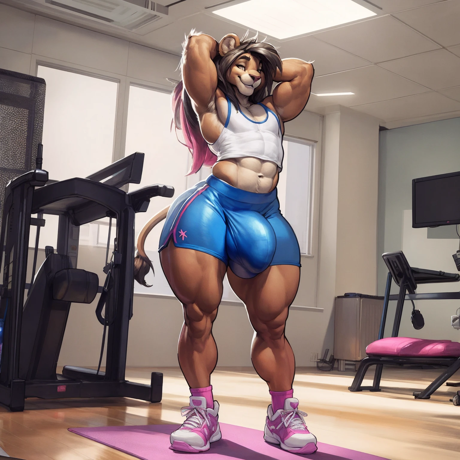 (by darkgem, by boosterpang, by duase, by BNG), solo focus, 1boy, male, lion boy, cute, girly, femboy, short boy, looking at viewer, smiling, happy, large muscular body, (hyper hips:1.3), (huge bulge:1.3), bulgeJ8, long hair, detailed eyes, lust, masterpiece, best quality, lycra shorts, white tank top, pink sneakers, standing upright, photorealistic, hyperrealistic, ultradetailed, detailed background, photo background, digital drawing (artwork), girly, bedroom eyes, (aerobics class), indoors, looking at viewer, stretching, hands behind head, (tail),