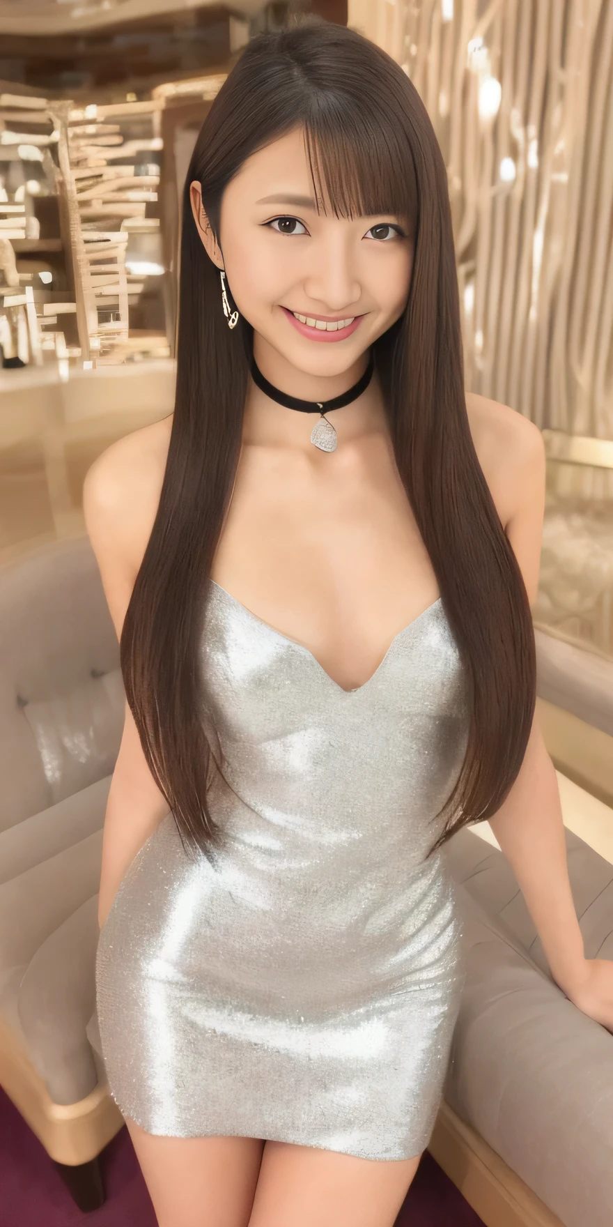 最high quality, High resolution, unity 8k wallpaper, (figure:0.8), (beautiful細かい目:1.6), Highly detailed CG, Night Time, One girl, Long Straight Hair, Transparent eyes, Lips parted, blush, Big Breasts, smile, Hotel, Clear skin, Ecstatic expression, (masterpiece), high resolution,Bed with a night view,軽いsmile,Intricate details, beautiful, sexy, erotic, Obscene, Noise Reduction,Sensual,Seductive pose,choker,high quality,Sexual,Shiny Hair,(Full Body Shot)、Yurika Mita,Silver patent leather dress