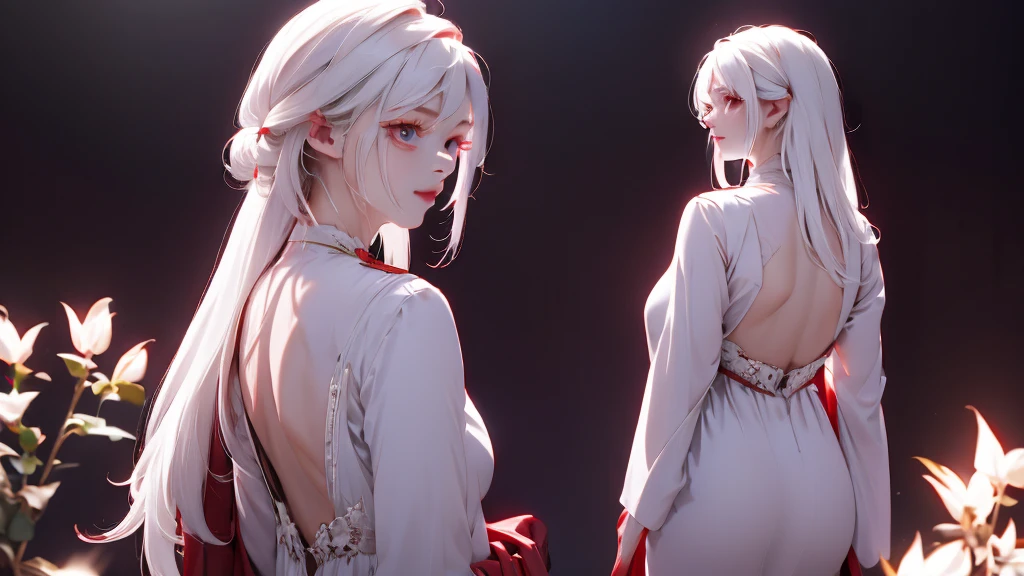 1 Girl, medium light white hair, light white eyes, wearing Red Suit 4D , night TOWN 18+, high res, ultrasharp, 8K, masterpiece, looking from behind