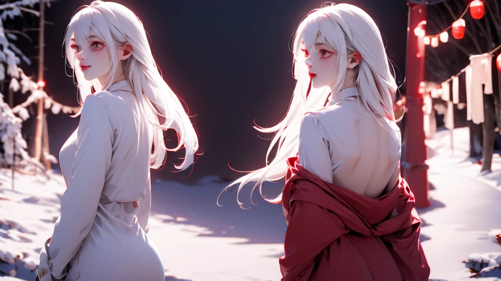 1 Girl, medium light white hair, light white eyes, wearing Red Suit 4D , night TOWN 18+, high res, ultrasharp, 8K, masterpiece, looking from behind