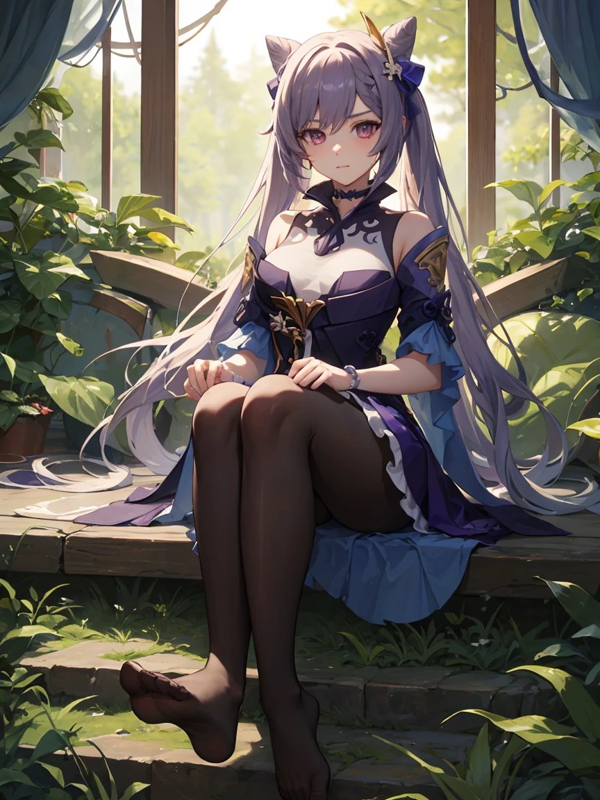 masterpiece, Highest quality, Stingy, Genshin Impact_Keqing, The best of art, Default attire, detailed, High resolution,in the forest,Sitting,Black silk tights,Show the soles of your feet