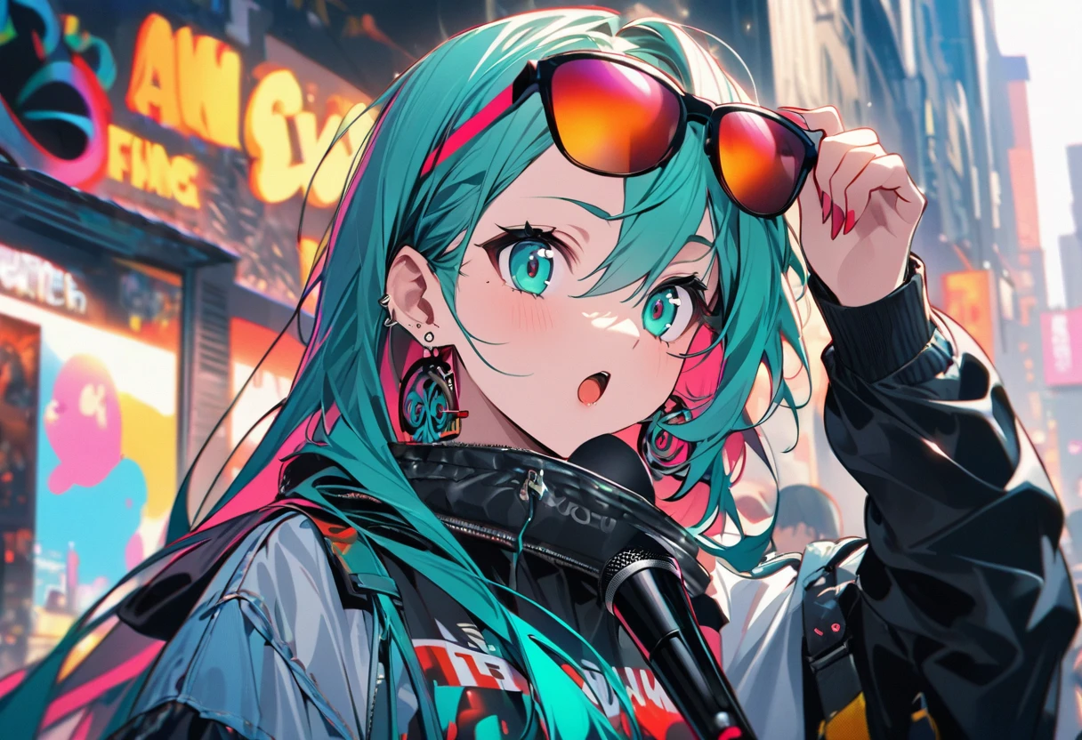 Hatsune Miku、Painting from the neck up、Hold the microphone、Like a raging fire、Eyes with the highest image quality、Beautiful eyes、Vivid Color、Street Style、Cool clothes、Put sunglasses on your forehead、Earrings、sing、Awesome