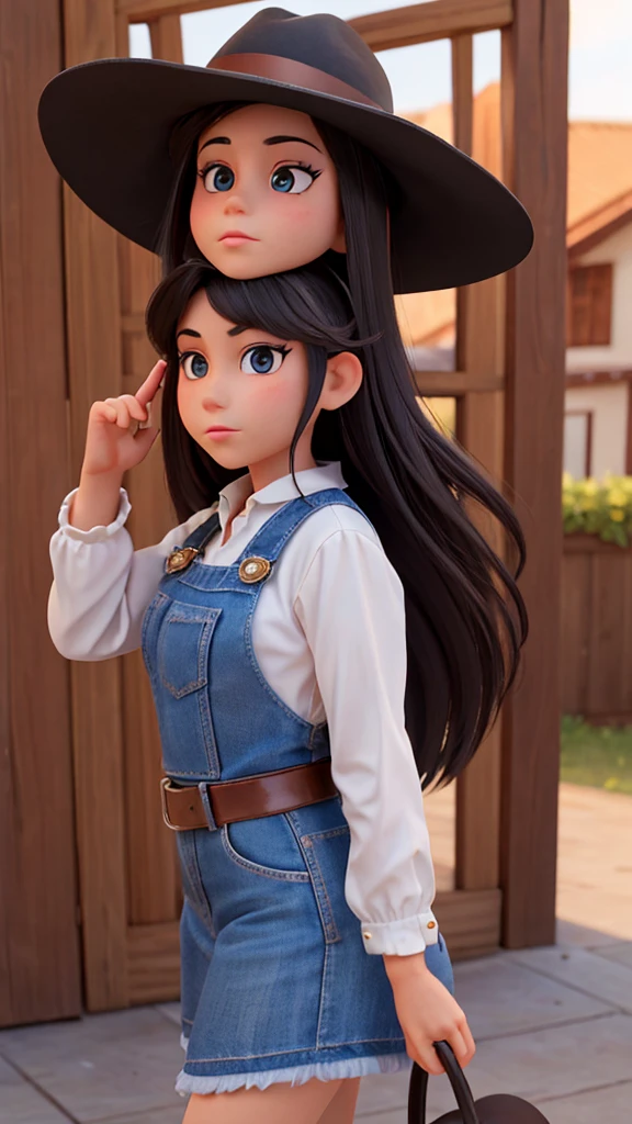 create for me an image of country singer Ana Castela from the front, very pretty, with an 8k hat, black hair and a thin face and dressed as a cowboy, she must be alone in the image and looking straight ahead, straight and with a leather hat black, very thin