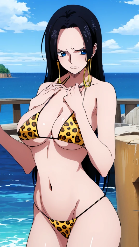 (masterpiece, 4K, Highest quality, anime style: 1.9, Detailed face, Lovely, Ocean,bold, High resolution, anime, Lake 4. alone, Curvaceous, Thighs, Cleavage, Medium Chest,  Very slim belly, Cowboy Shot,Leopard print micro bikini,1 Girl、one piece,Boa Hancock,Black Hair,whole body,((Naked in a swimsuit)),blue sky,View your viewers,Hall々A serious expression,Clear eyes,whole body