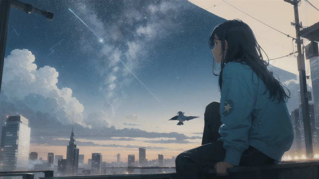 octans, sky, star (sky), scenery, parakeet,starry sky, night, 1girl, night sky, solo, outdoors, parakeet,building, cloud, milky way, sitting, tree, long hair, city, silhouette, cityscape