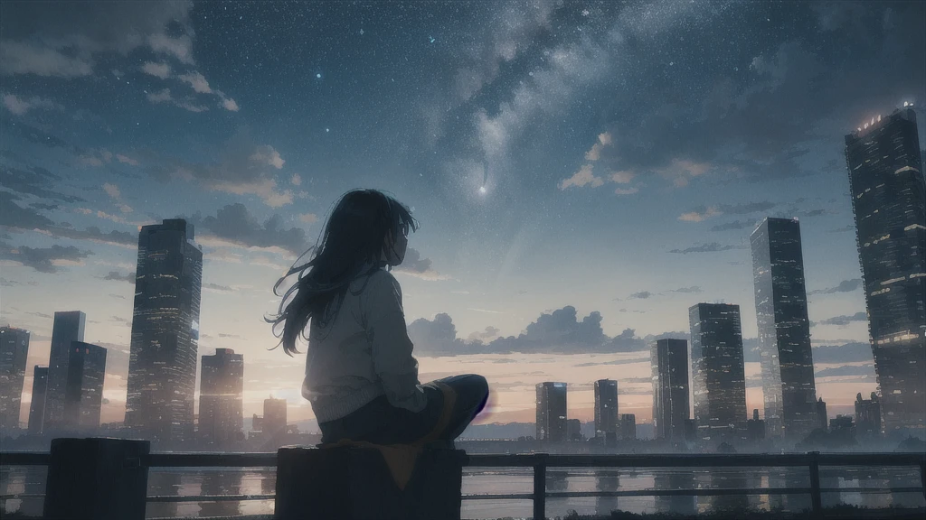 octans, sky, star (sky), scenery, parakeet,starry sky, night, 1girl, night sky, solo, outdoors, parakeet,building, cloud, milky way, sitting, tree, long hair, city, silhouette, cityscape