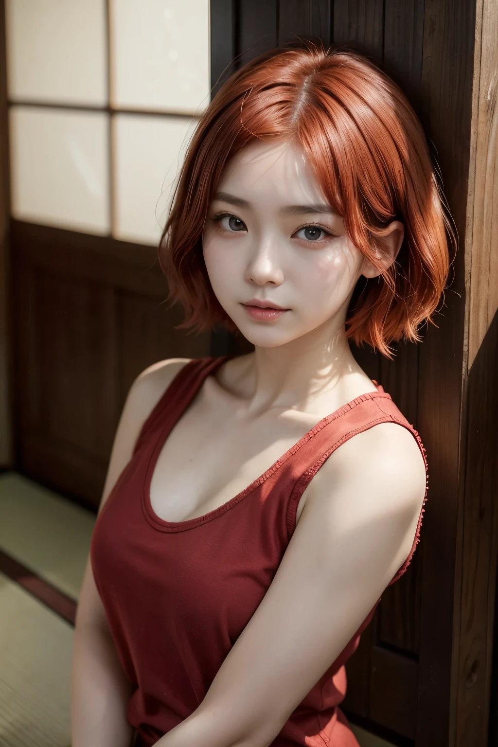 1 girl, Korean young woman, solo, looking at viewer, slightly open lips, beautiful face, (short bob hairstyle), (bright orange hair color), (bright gray eyes), slim youthful body, well-endowed chest, athletic body, casual clothing, high quality, masterpiece, best quality, highest quality, high-res, realistic, (masterpiece:1,2), perfect lighting, (8k:1.1), professional lighting, fully detailed