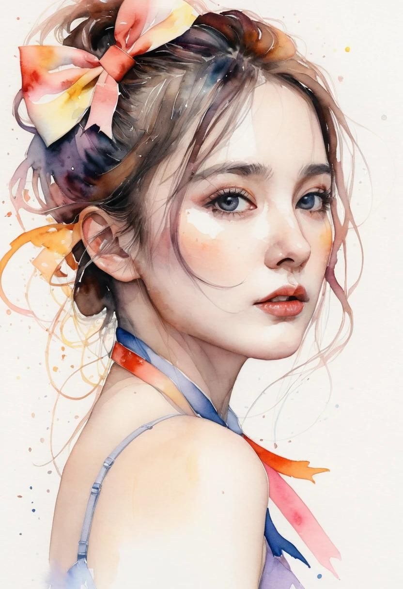 (8k, best quality, masterpiece:1.2),(best quality:1.0), (ultra highres:1.0), watercolor, a beautiful woman, shoulder, hair ribbons, by agnes cecile, half body portrait, extremely luminous bright design, pastel colors, (ink:1.3), autumn lights,
