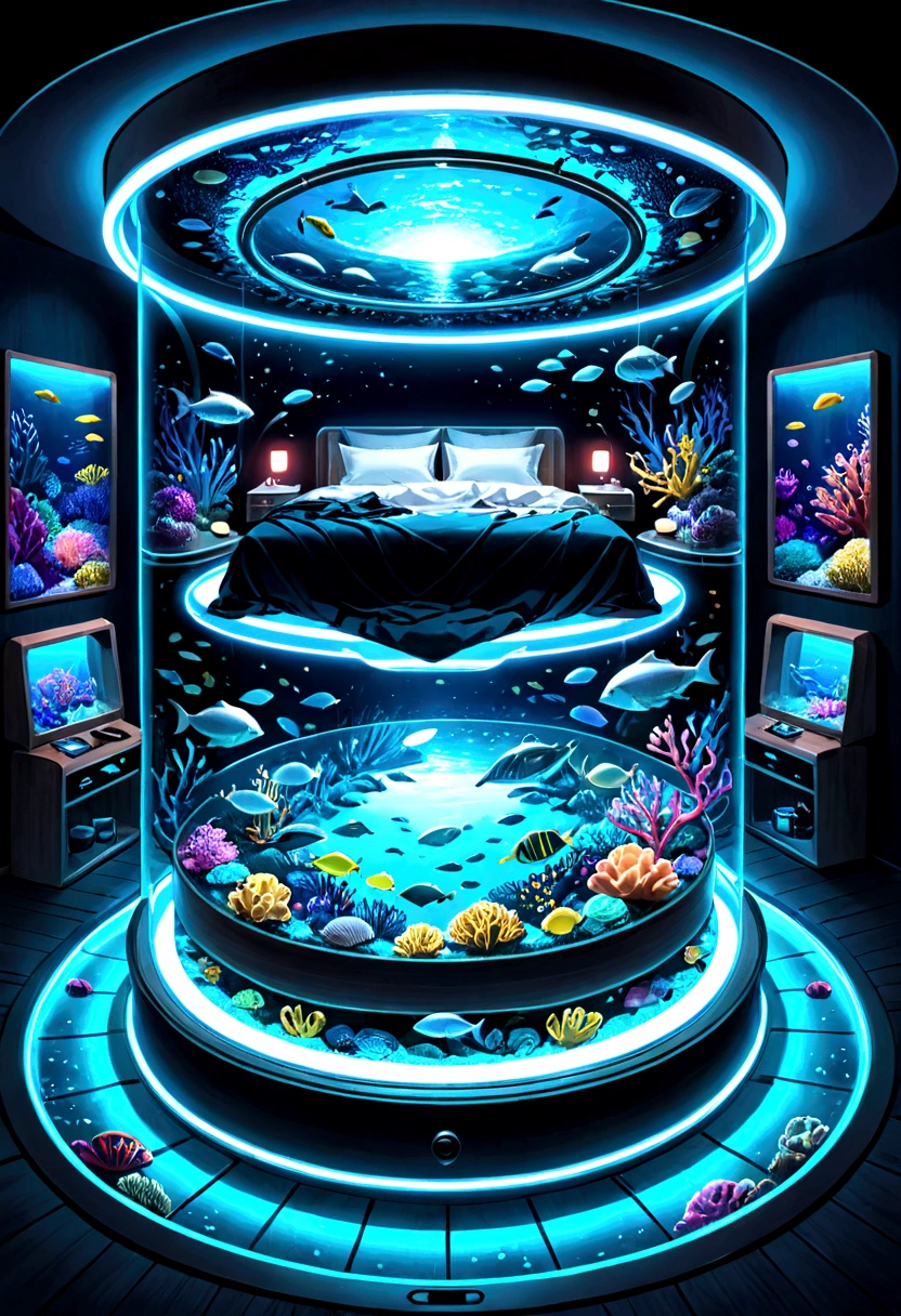 Sea、The sea is spreading、In the sea、Floating on the seabed、A beautiful world of neon lights。A round capsule is floating in the middle of it.。Inside the capsule、There is a bed that emits neon lights.。