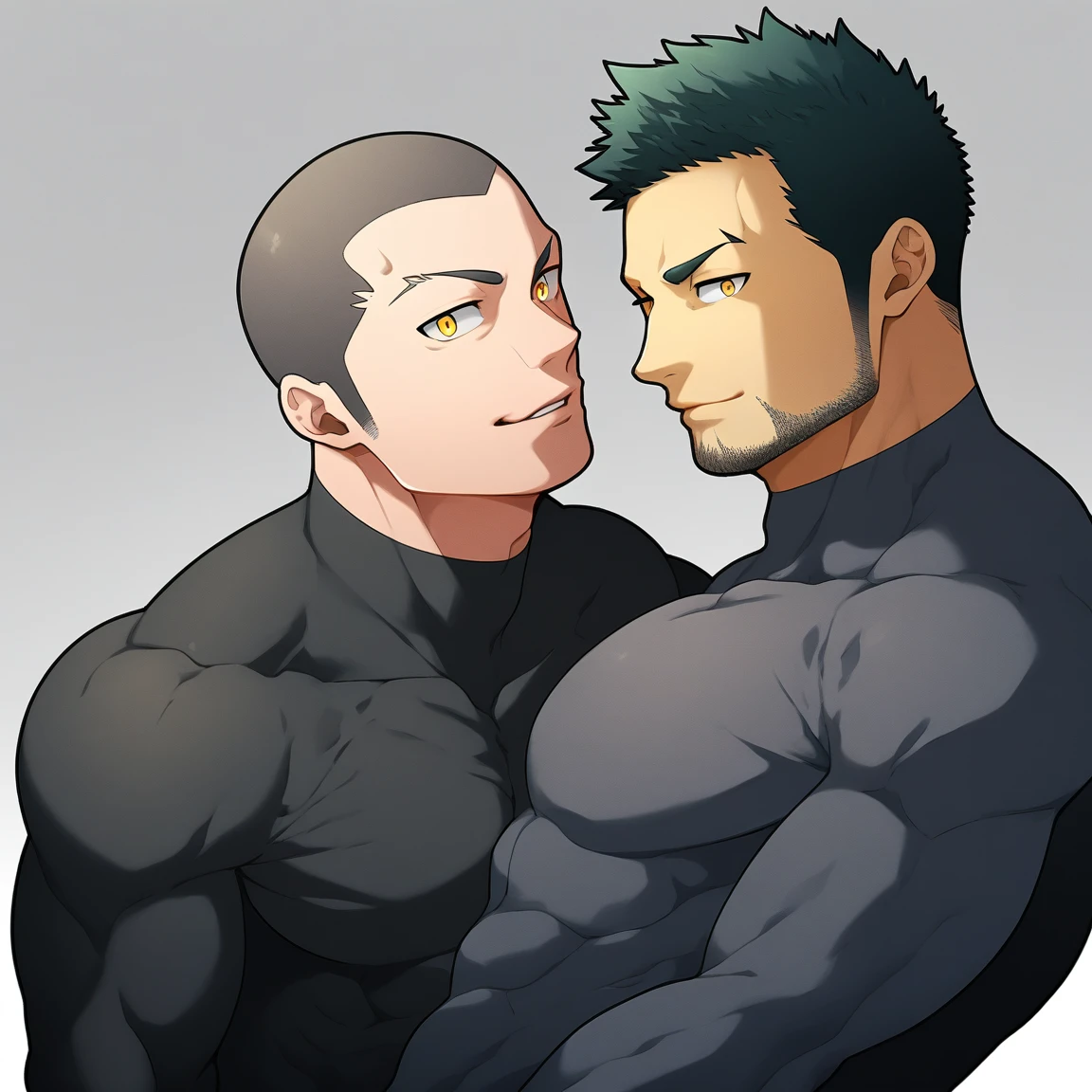 anime characters:Two superheroes in tights, Priapus and Muscle skinhead superhero, No Face,negro black skin, They hugged and kissed each other, Bite your neck, Caress, Manliness, male focus, Yellow and black high collar long sleeve tight T-shirt, Slightly transparent material, Very tight, Round, full and perky chest muscles, Muscle waist, Slightly transparent, muscular male, muscular, only, Upper body, alone, Black short hair, Thick eyebrows, stubble, Yellow eyes, Grey background, simple background, amazing quality, best aesthetics, Ridiculous, bright pupils, crew cut, parted lips, seductive smile, torogao, naughty face, drop shadow, best quality
