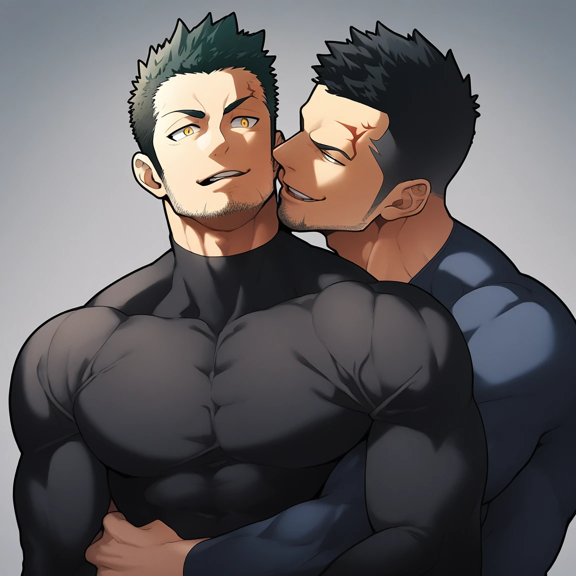 anime characters:Two superheroes in tights, Priapus and Muscle skinhead superhero, No Face,negro black skin, They hugged and kissed each other, Bite your neck, Caress, Manliness, male focus, Yellow and black high collar long sleeve tight T-shirt, Slightly transparent material, Very tight, Round, full and perky chest muscles, Muscle waist, Slightly transparent, muscular male, muscular, only, Upper body, alone, Black short hair, Thick eyebrows, stubble, Yellow eyes, Grey background, simple background, amazing quality, best aesthetics, Ridiculous, bright pupils, crew cut, parted lips, seductive smile, torogao, naughty face, drop shadow, best quality