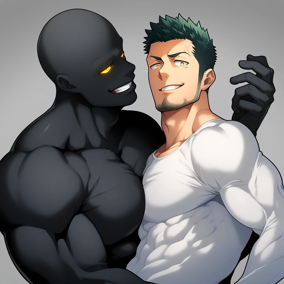 anime characters:Two superheroes in tights, Priapus and Muscle skinhead superhero, No Face,negro black skin, They hugged and kissed each other, Bite your neck, Caress, Manliness, male focus, Yellow and black high collar long sleeve tight T-shirt, Slightly transparent material, Very tight, Round, full and perky chest muscles, Muscle waist, Slightly transparent, muscular male, muscular, only, Upper body, alone, Black short hair, Thick eyebrows, stubble, Yellow eyes, Grey background, simple background, amazing quality, best aesthetics, Ridiculous, bright pupils, crew cut, parted lips, seductive smile, torogao, naughty face, drop shadow, best quality