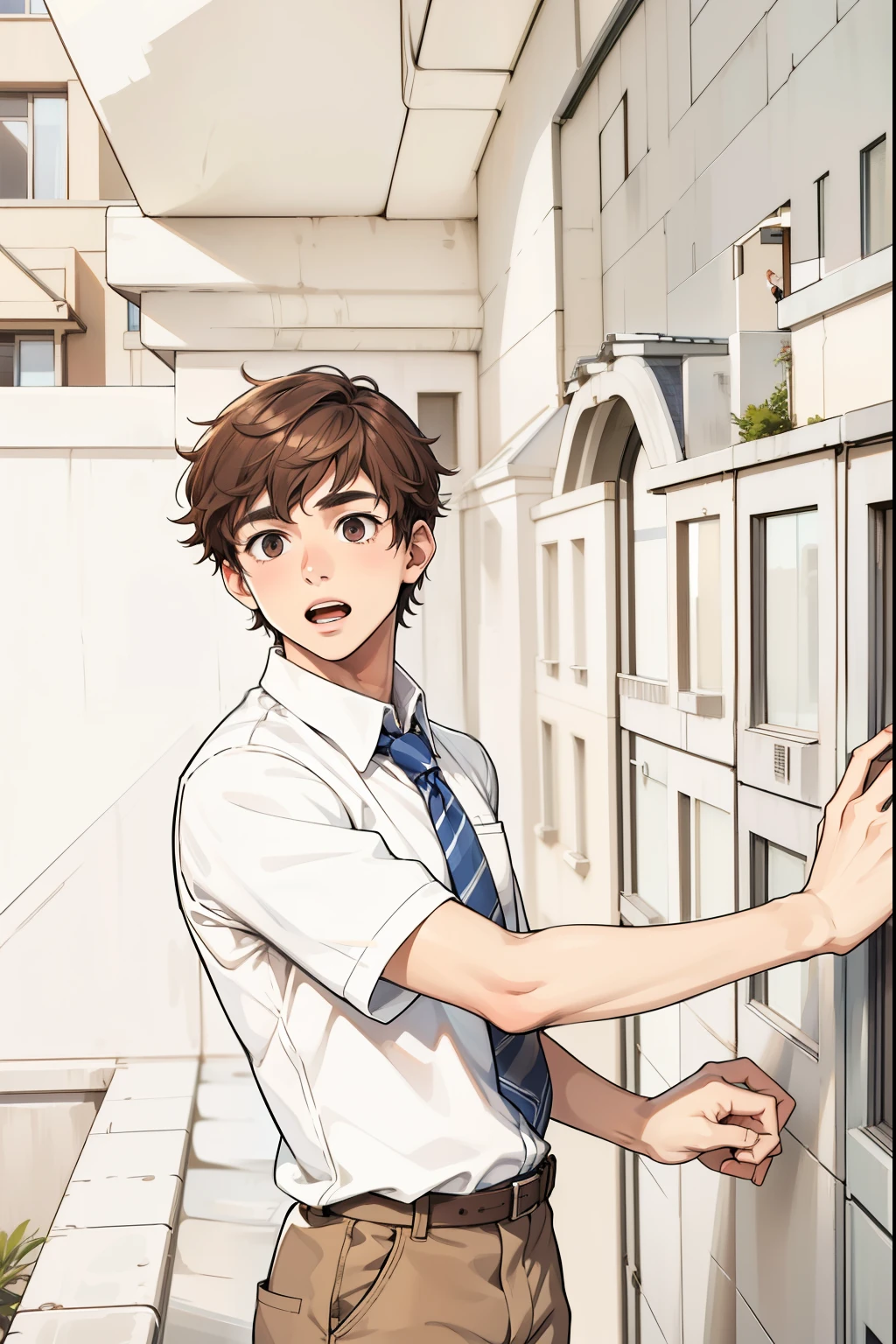 16 year old brown hair is surprised to see someone in his favorite place, it is on the roof terrace, the highest floor of his school.