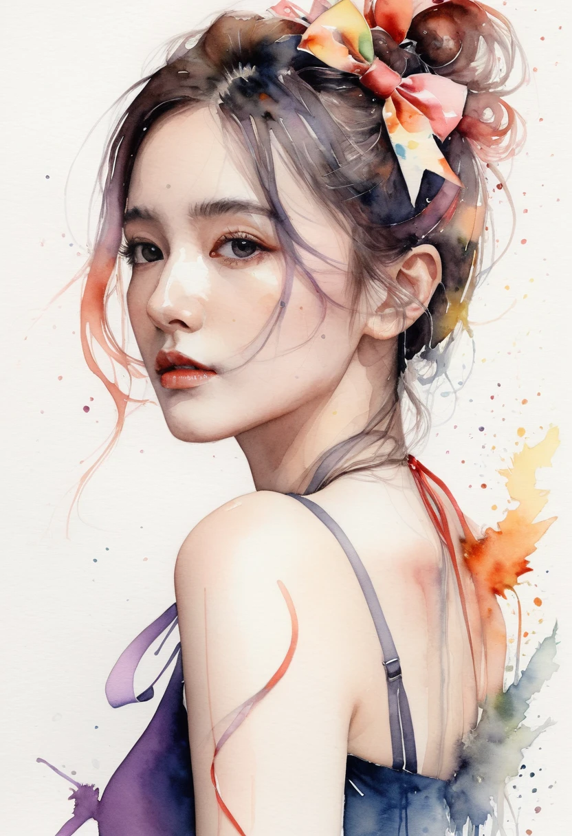 (8k, best quality, masterpiece:1.2),(best quality:1.0), (ultra highres:1.0), watercolor, a beautiful woman, shoulder, hair ribbons, by agnes cecile, half body portrait, extremely luminous bright design, pastel colors, (ink:1.3), autumn lights,