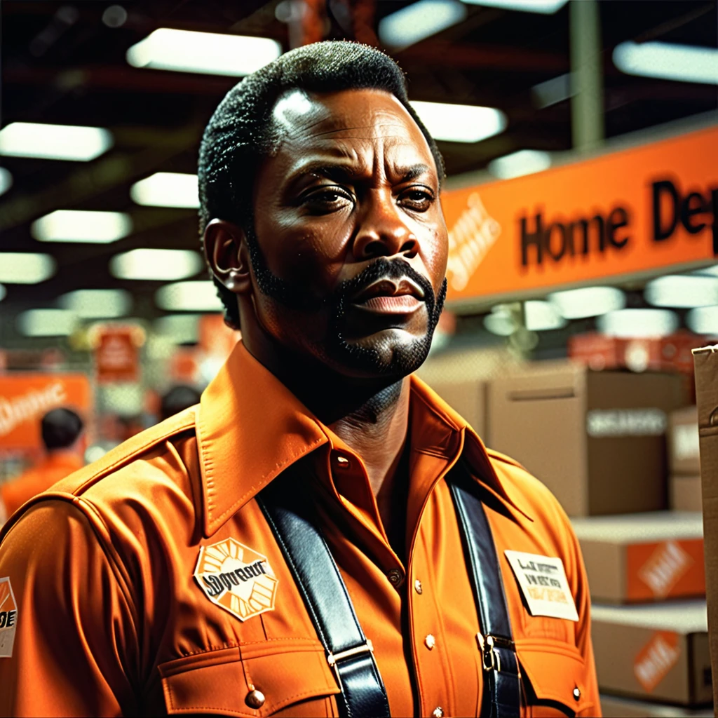 1970s r&b male superstar "Luther Diamond" in "Home Depot" uniform, cinematic action, cinematic lighting, backlighting, masterpiece, anatomically correct, textured skin, super detail, 8k atmospheric perspective, depth of field,