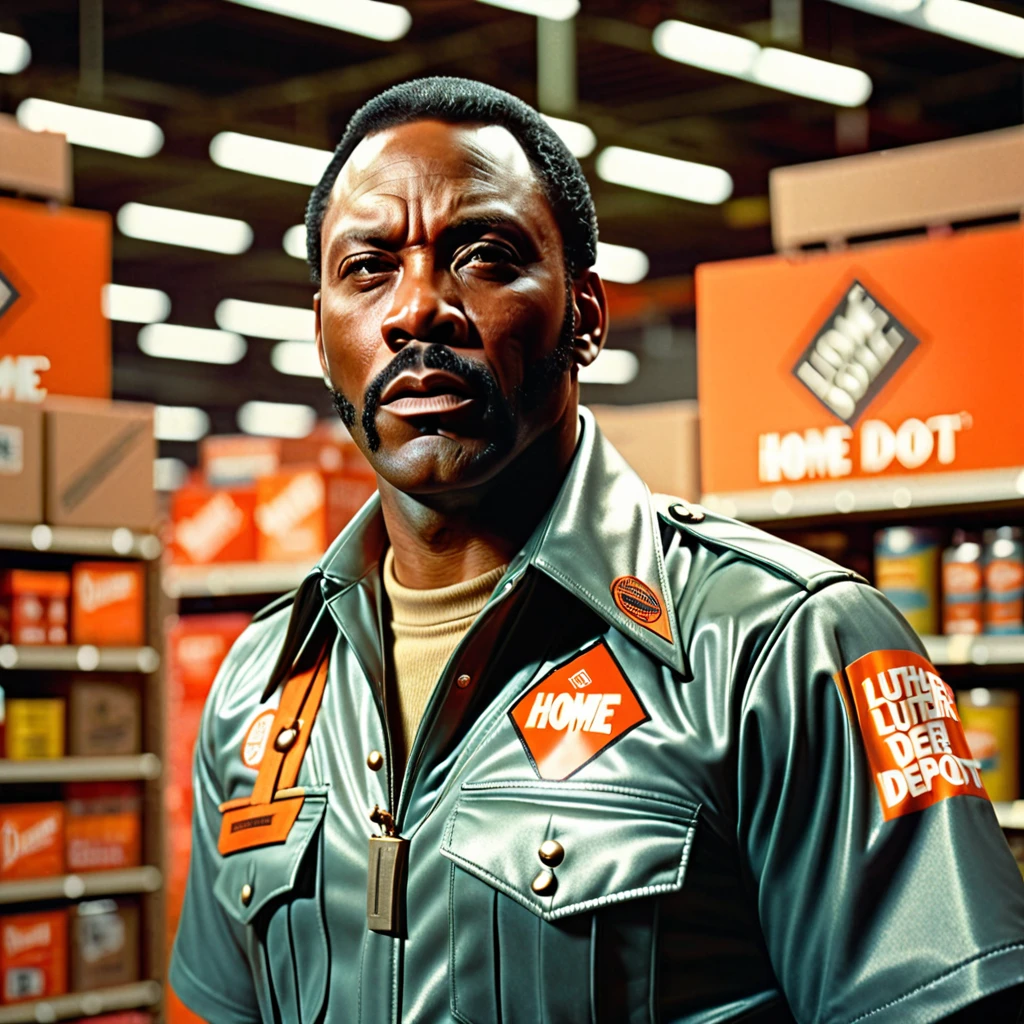 1970s r&b male superstar "Luther Diamond" in "Home Depot" uniform, cinematic action, cinematic lighting, backlighting, masterpiece, anatomically correct, textured skin, super detail, 8k atmospheric perspective, depth of field,