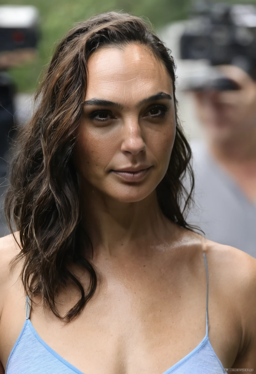 (high quality Erotic celebrity photograph ) (GalGadot , tired look, exhausted , 45yo woman, on a vacation beach , pale white skin tone ,( hair pulled back, hair bun, shiny breast , orange color glowing bra ) photorealistic ) , vacation side ,celebrity erotic photograph , oily skin , fit muscular figure , shiny sweaty skin , celebrity, female, woman, hollywood actress, fleshy muscular woman , ( perfect anatomy ,natural lights, depth of field, insanely detailed skin texture, hyper detailed features, hyper photorealistic texture )