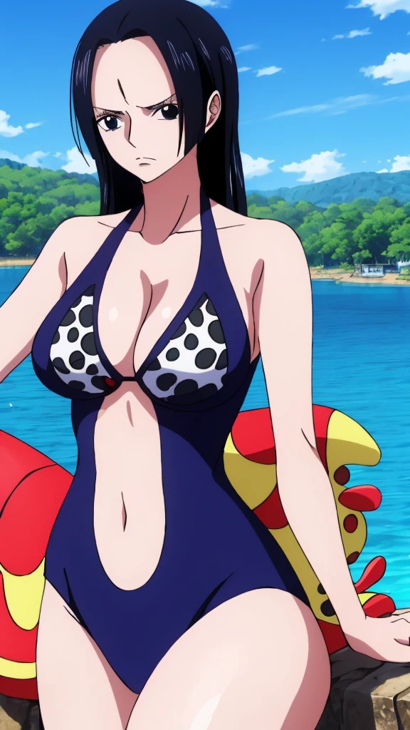 (masterpiece, 4K, Highest quality, anime style: 1.9, Detailed face, Lovely, Ocean,bold, High resolution, anime, Lake 4. alone, Curvaceous, Thighs, Cleavage, Medium Chest,  Very slim belly, Cowboy Shot,Leopard print micro bikini,1 Girl、one piece,Boa Hancock,Black Hair,whole body,((Naked in a swimsuit)),blue sky,View your viewers,Hall々A serious expression,Clear eyes,whole body