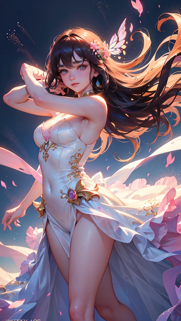 A beautiful woman with long brown hair and bangs, her eyes a mesmerizing blend of pink and blue, surrounded by a whimsical swarm of blue and pink butterflies, wearing a stunning white wedding dress, her expression radiating pure joy, (best quality,4k,8k,highres,masterpiece:1.2),ultra-detailed,(realistic,photorealistic,photo-realistic:1.37),intricate details,delicate textures,soft lighting,cinematic composition,warm color palette,glowing skin,elegant pose,graceful movement,dreamlike atmosphere