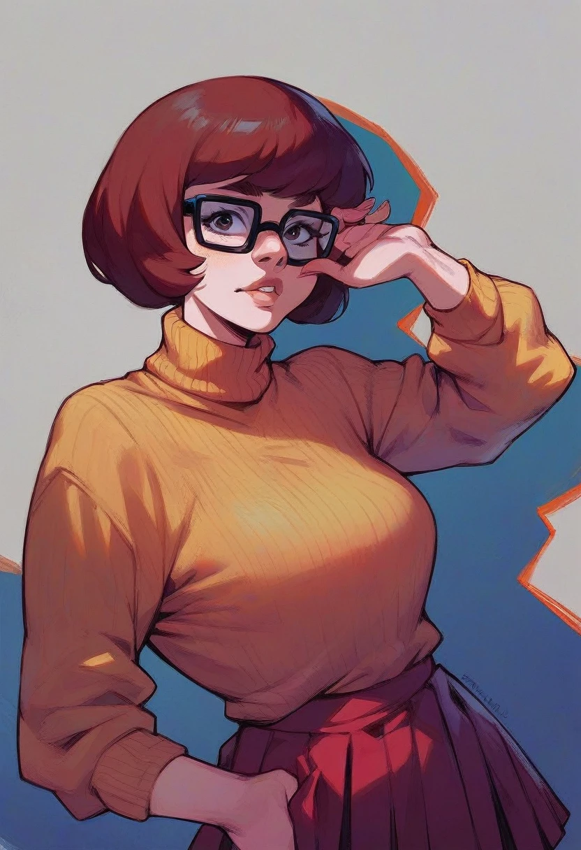 score_9, score_7_up, 1girl, solo, (velma dace dinkley):0.7, orange sweater, large breasts, portrait, red background