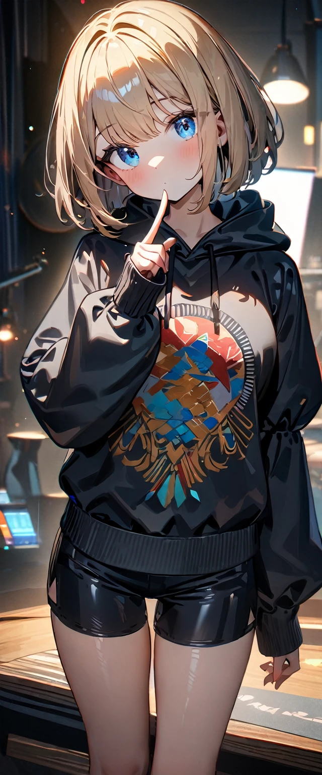 (((One girl))), blond hair, bob cut, breasts, from front, (cowboy shot), (looking at viewer), ((black shorts)), ((black cropped hoodie)), ((puffy sleeves:1.3)), index finger to own mouth, arm at side, face in focus, ager, head tilt:1.3, (((blue eye))), ((no mouth)), ((sleeves past wrists)), anime style, (best quality, 4k, 8k, highres, masterpiece:1.2, ultra-detailed, ultra-detailed eyes, HDR, UHD, studio lighting, ultra-fine painting, sharp focus, physically-based rendering, extreme detail description, professional, vivid colors, bokeh)