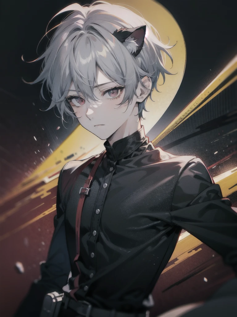 1 boy, bar background simple background, delicate eyes, boy with gray hair and cat ear, red eye, wearing black shirt, dynamic lighting, dynamic effect, cinematic light, Best quality, highly detailed, masterpiece, ultra detailed, waist up, anime, hand down