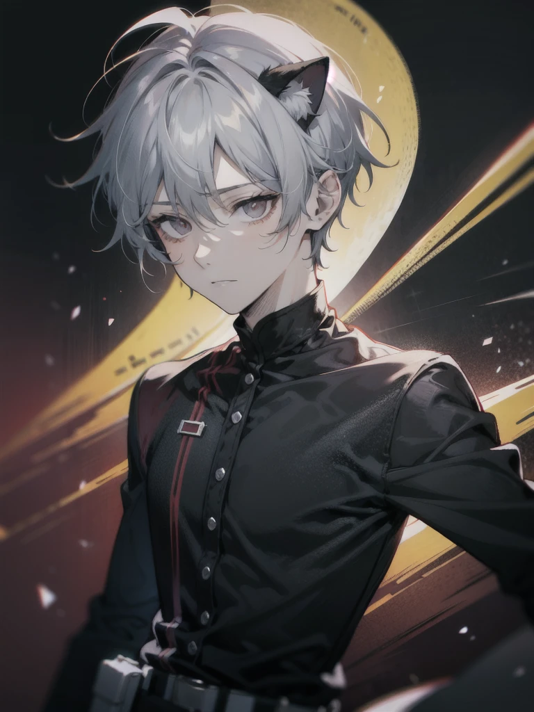 1 boy, bar background simple background, delicate eyes, boy with gray hair and cat ear, red eye, wearing black shirt, dynamic lighting, dynamic effect, cinematic light, Best quality, highly detailed, masterpiece, ultra detailed, waist up, anime, hand down