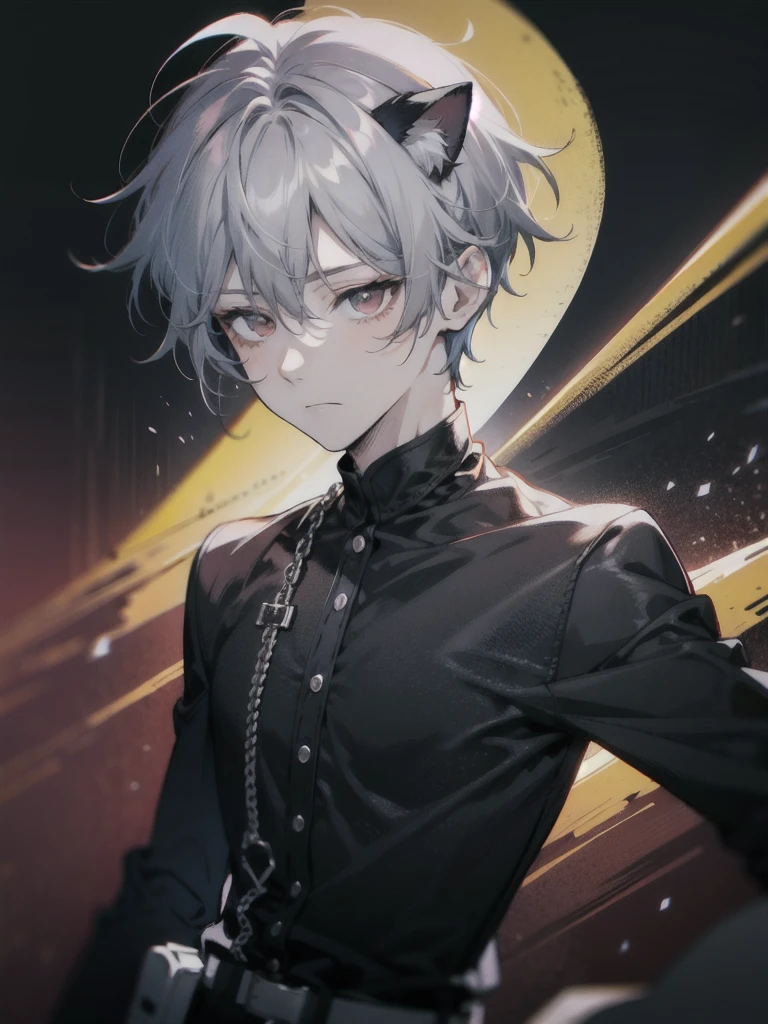 1 boy, bar background simple background, delicate eyes, boy with gray hair and cat ear, red eye, wearing black shirt, dynamic lighting, dynamic effect, cinematic light, Best quality, highly detailed, masterpiece, ultra detailed, waist up, anime, hand down