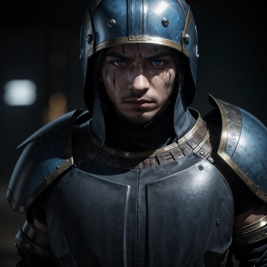 A scary male warrior standing,with a helmet covering his face,dark-skinned,scar on the face,blue black and brown metallic armor,in the background a battlefield