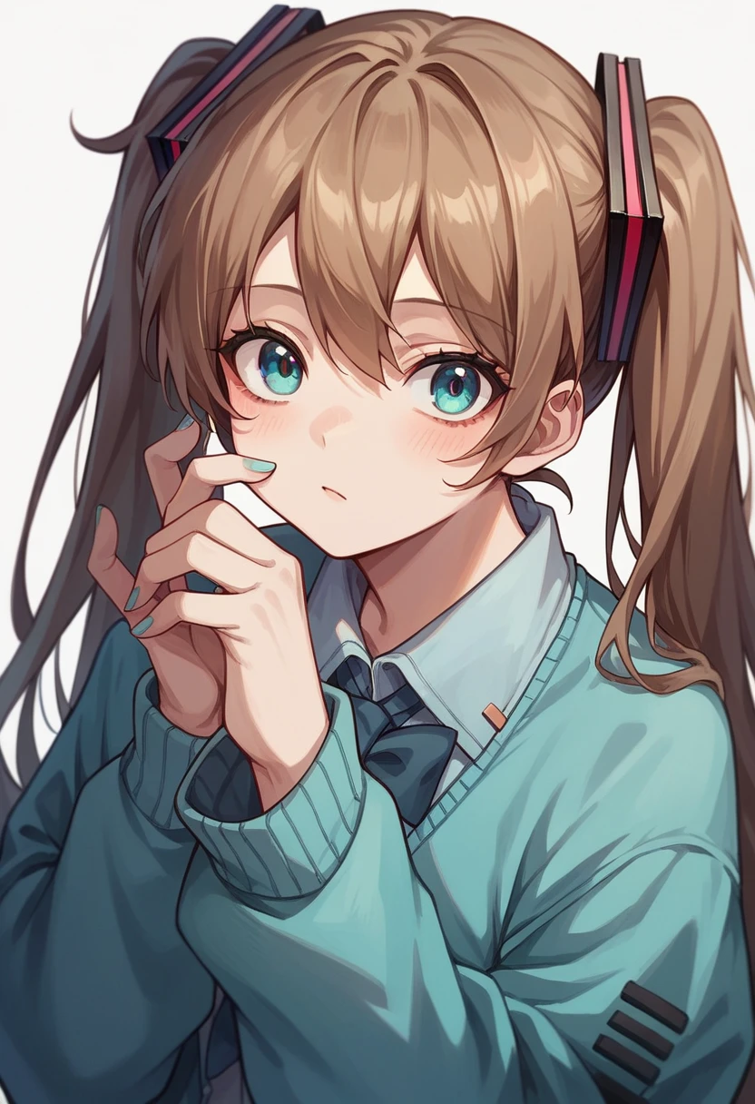 absurdities, Best Quality, 1 girl, Alone, Eye focus, looking at the viewer, miku, blue cardigan, Brown hair