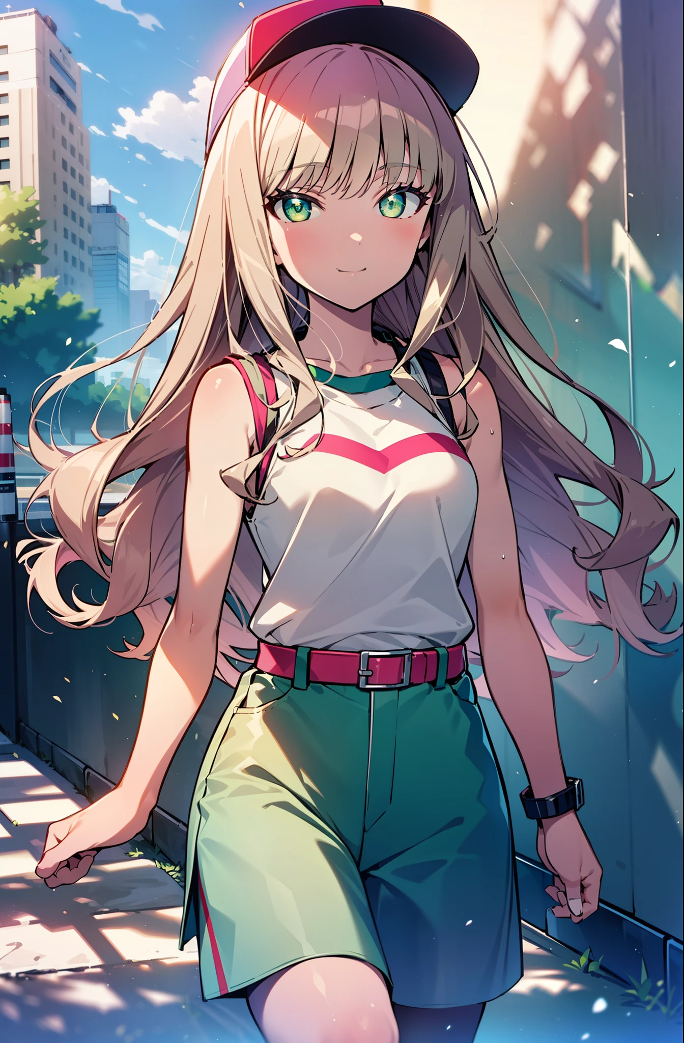 minami yume ,sss Dynazenon ,Long Hair, Brown Hair, (Green Eyes:1.5) ,blush,smile,hair band,Sleeveless shirt,Baseball cap,Long skirt,sneakers,Daytime,Clear skies,Walking,whole bodyがイラストに入るように, break looking at viewer, whole body, break outdoors ,Building district, break (masterpiece:1.2), Highest quality, High resolution, unity 8k wallpaper, (shape:0.8), (Beautiful and beautiful eyes:1.6), Highly detailed face, Perfect lighting, Extremely detailed CG, (Perfect hands, Perfect Anatomy),