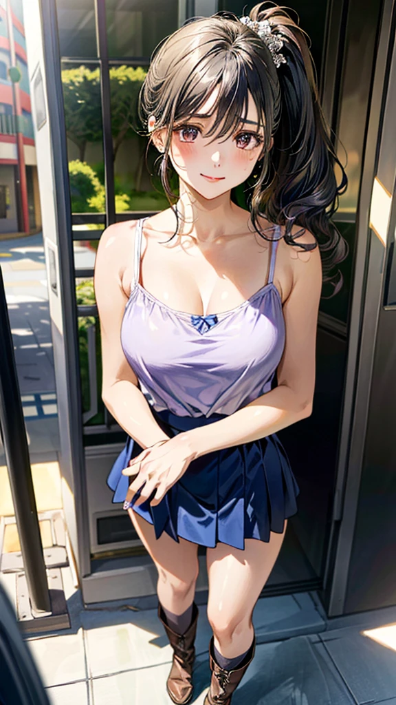 (masterpiece:1.3, Highest quality, Ultra-high resolution, Super detailed), (Realistic, photoRealistic:1.4), Beautiful illustrations, Perfect lighting, Natural light, colorful, Depth of written boundary, Surrealism,
Beautiful detailed hair, Beautifully detailed face, Beautiful attention to detail, Beautiful clavicle, Beautiful body, Beautiful breasts, Beautiful thighs, Beautiful feet, Beautiful fingers,
View your viewers, 1 Girl, Japanese, Female college student、 (Idol Sculpture), (Perfect Anatomy, Anatomically correct), Cute and symmetrical face, , Perfect Face, Perfect Eyes, Shiny skin, thin,
(Black Hair, Wavy Hair:0.8, Side Ponytail:1.2), Hair between the eyes, Dark brown eyes, Long eyelashes, (Large Breasts:0.8, Captivating thighs),
((Light purple camisole:1.4, Blue mini skirt)),boots、
(Beautiful views), summer, evening, (Shopping mall), Are standing, (Cute smile, Upward glance),