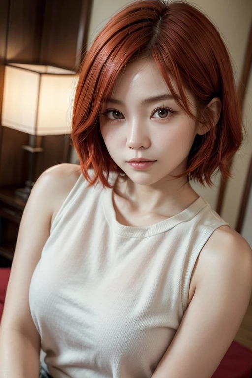 A beautiful and well-behaved Japanese woman,Short hair  Light and strong red hair, beautiful face,Sleeveless shirt 