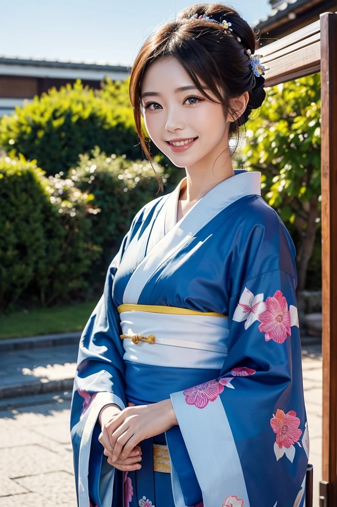 A beautiful smiling woman in a kimono greets people with a cheerful "Good morning" as her arms open under the blue sky