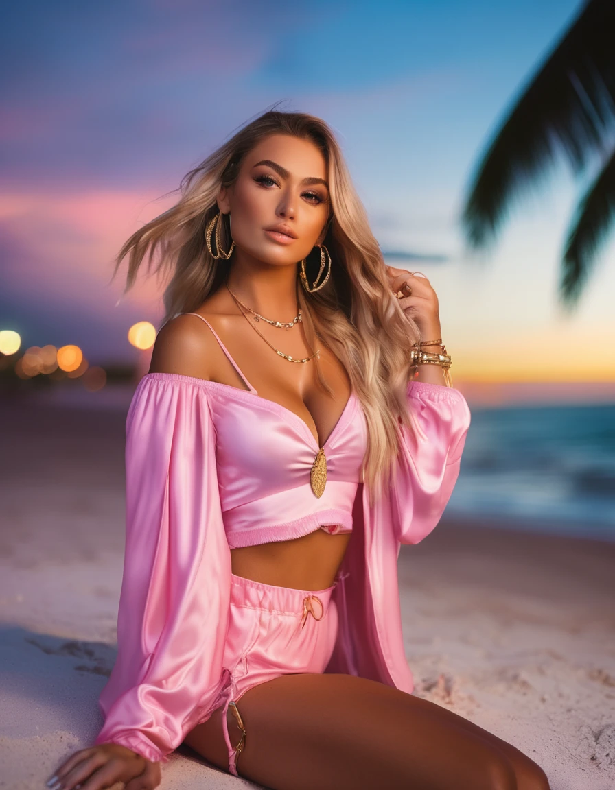 (best quality,4k,highres, highres face details), blonde long straight hair, 18 years old, instagram model, 36DD fake breast, fake lashes, fake lips, dark makeup, perfect skin, tan skin, she is skinny, she is caucasian, she is wearing a pink bikini, gold chain, gold earring, whole body image, taking a pose, posing, no exposed breast, no exposed vagina, night time, she is in miami beach, at the beach, in her bed, golden hour, whole body pictures, smiling, big fake breast