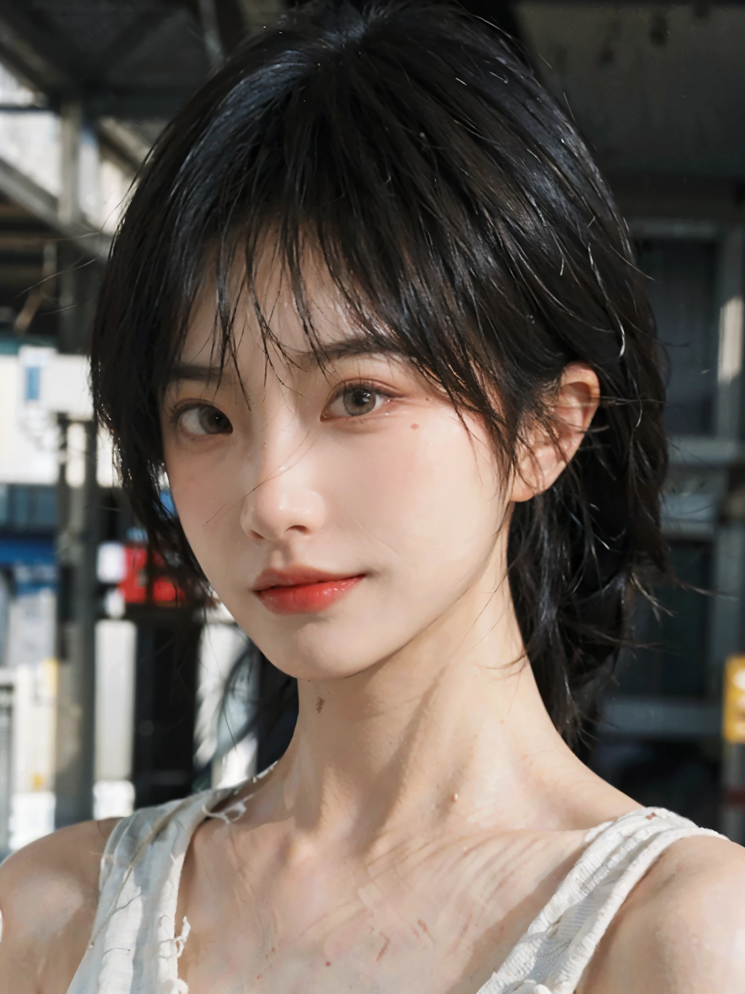 (Skin details:1.4), (smooth skin textures:1.3), (Upper body:1.4),(Upper Body:1.3)Lipstick, background, earrings, serene, calm, Suspenders,(Realistic and detailed eyes:1.2), Natural skin texture, Realistic facial details, Soft dramatic lighting, Vivid details, 35 mm film, outdoor, (Photo Practical:1.4), (hyper Practical:1.4), (Practical:1.3), (Smoother lighting:1.05), (Improve lighting quality:0.9), (Highest quality real skin textures:1.4), Exquisite eyes, Delicate face, Close-up of face, (Enhance the beauty of skin texture:1.1), Hair details,(Large Breasts:1.3)normal body ratio, short hair, Moles under the eyes, A faint smile,Portrait Photography, Depth of Field, Bokeh, Surrealism, Ray Tracing, (Portrait Photography:1.1), Surrealism, High Detail, Chiaroscuro, Ray Tracing, reflected light, Ultra HD, Ultra HD, masterpiece, Textured Skin, Super Detail, High Detail, high quality, best quality