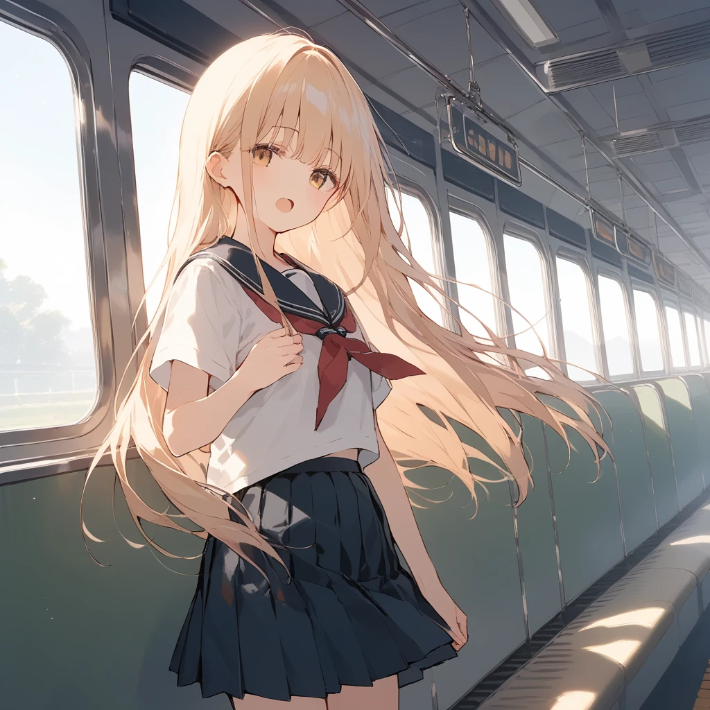 score_9, score_8_up, score_7_up, source_anime, best quality, masterpiece, official art, absurdres, highres, ultra-detailed,waifu2x,Collection: Slice of Life,break,1girl,cool girl,long hair, straight hair, blunt bangs, small breasts, beautiful detailed eyes, school_uniform, pleated skirt, open mouth, (yawn:0.3), sleepily, train, indoors, wind, break,(clear line illustration:1.2),very high resolution, very aesthetic, super detailed skin, Best sexual lighting powered by famous artist, 8k,cute picture,beauty illustration,photoshop_(medium),,(Detailed Lighting),best anime 8k konachan wallpaper, pixiv contest winner,
