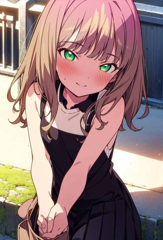 minami yume ,sss Dynazenon ,Long Hair, Brown Hair, (Green Eyes:1.5) ,blush,smile,hair band,Sleeveless shirt,Long skirt,short boots,Daytime,Clear skies,Walking,whole bodyがイラストに入るように,　　　　　　　　　break　looking at viewer, whole body,(Cowboy Shot:1. 5) ,　　　　　　　　　　　　　　　　　break outdoors ,Building district,　　　　　　　　　　　　break (masterpiece:1.2), Highest quality, High resolution, unity 8k wallpaper, (shape:0.8), (Beautiful and beautiful eyes:1.6), Highly detailed face, Perfect lighting, Extremely detailed CG, (Perfect hands, Perfect Anatomy),