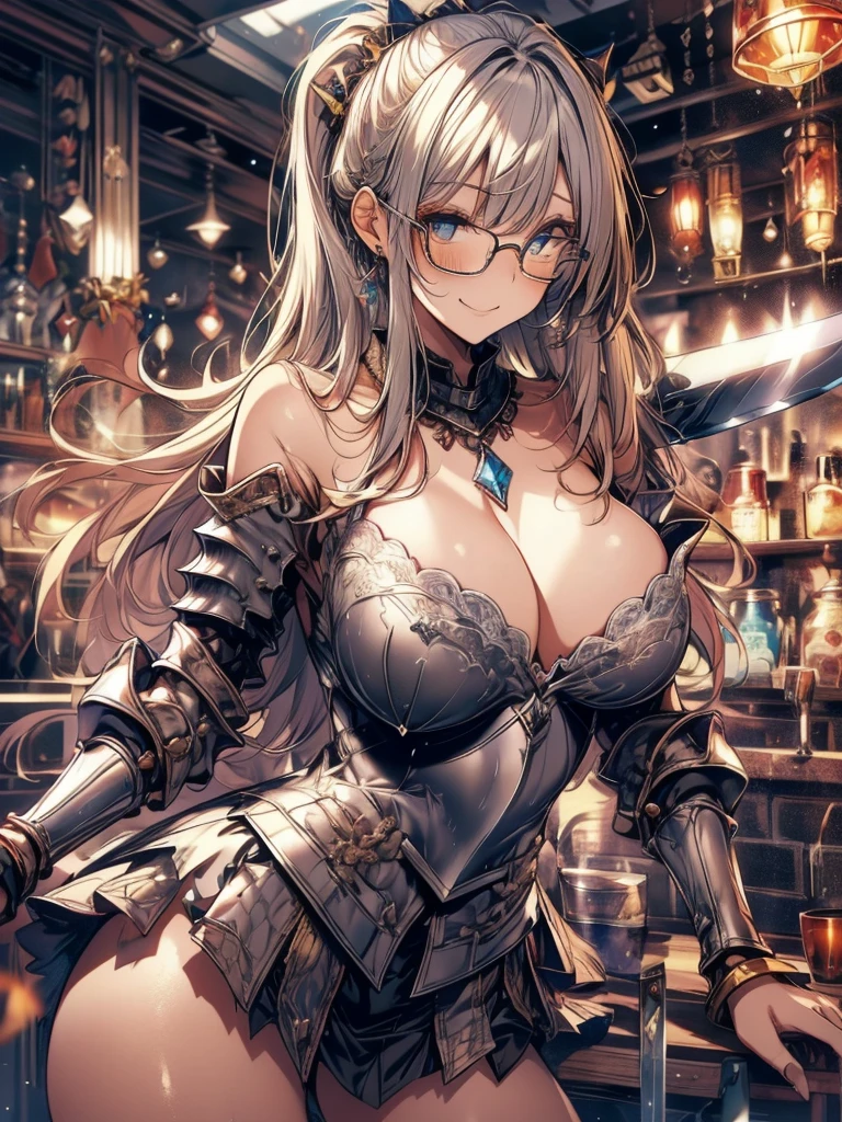 (Highest quality, masterpiece), (Ultra-high resolution, 8k RAW photos, Photorealistic:1.5, Cinema Lighting, Fabric Shading, Thin contours, Clear focus:1.2), Beautiful mature woman, Leaning forward, Long legs, Blonde, (Wearing thin glasses:1.5), (Mature Woman:1.5, 28 years old, alone), (1 female:1.6), (Large Breasts, Saggy breasts, big , Tight waist), whole bodyesbian, (long hair:1.2, Blonde, forehead:1.2,ponytail, straight hair:1.2), (thin and bright pupils, Highlighted, detailed eyes:1.3, A face with attention to detail, perfect face shape, Bloodshot eyes), (A seductive smile, Half-close your eyes:1.2), (Looking at the audience:1.3), (Dutch Angle, whole body:0.5, From below:1.5), ((Correct Anatomy:1.5, The right move)), (Ideal body proportions),(((Fluttering lace flared mini skirt, Sexy silver armor with attention to detail:1.5、red and black boots、Silver Helmet、Silver Gauntlets、Jeweled、Gold decoration)))、Slender、(Thighs Thighs Thighs Thighs:0.8)、(At the bar、Artistic stained glass、Hello Point、Mysterious、Particles of light、Solemn、Nikko is、colorful、Fantastic:1.2)、(Fantastic:1.3)、(Female knight with sword:1.8)、Cross Necklace:1.2, (Dynamic pose),