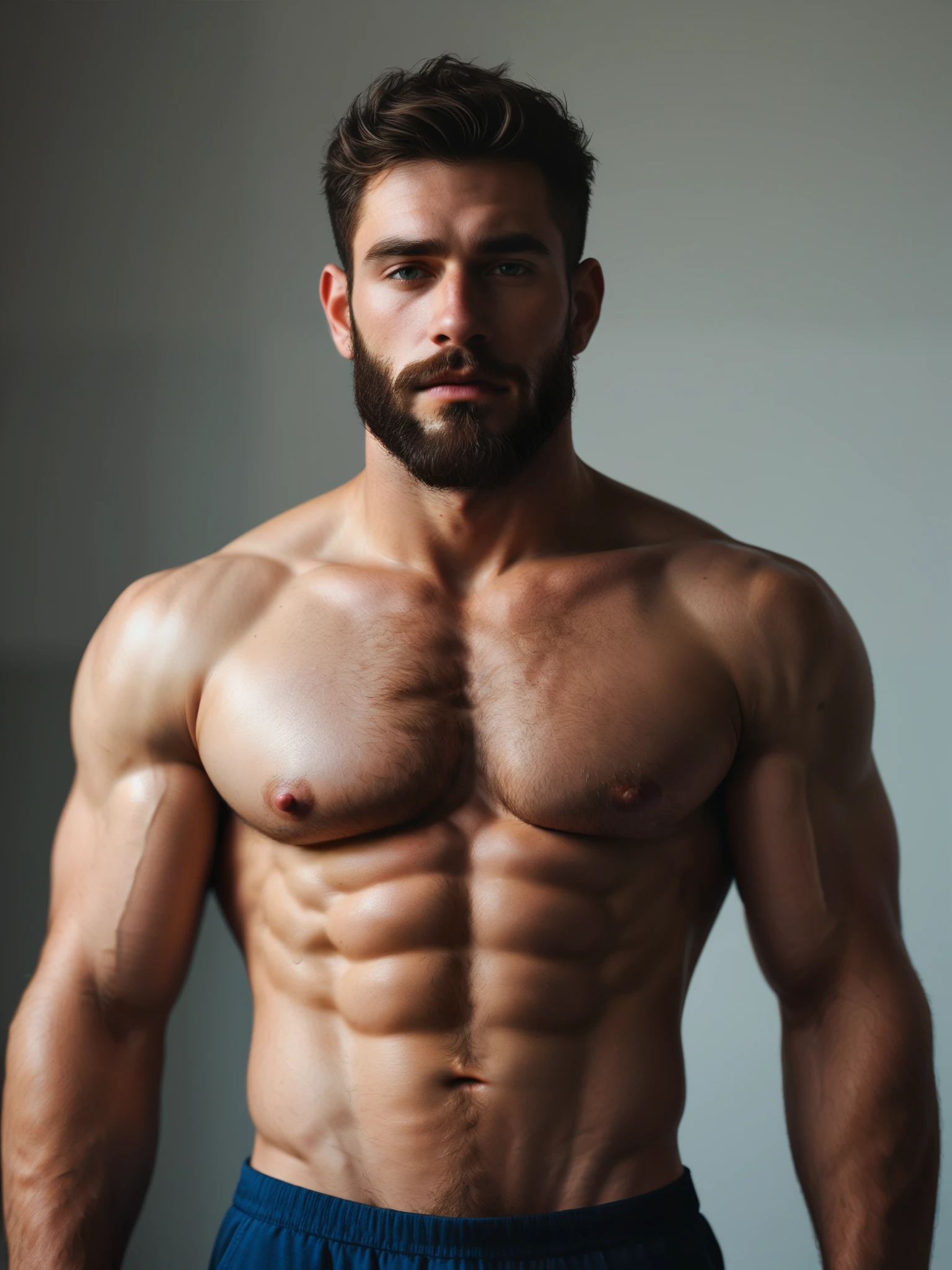 a man, shirtless, chest showing, body hair, big beard, front view
