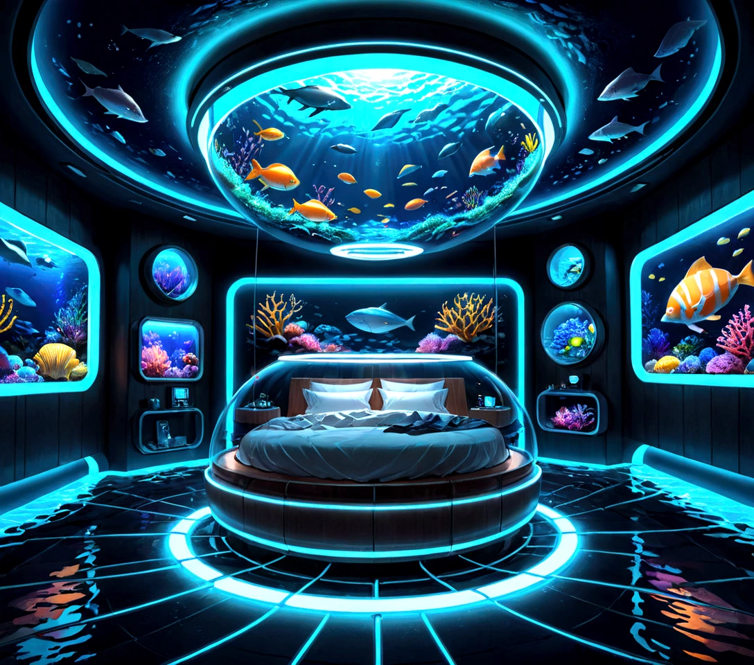 Sea、The sea is spreading、In the sea、Floating on the seabed、A beautiful world of neon lights。A round capsule is floating in the middle of it.。Inside the capsule、There is a bed that emits neon lights.。