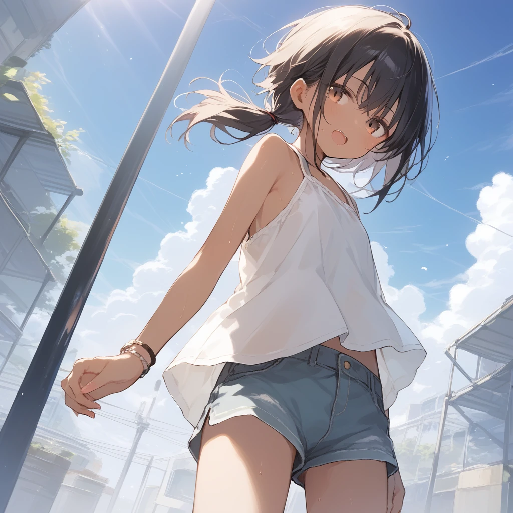 score_9, score_8_up, score_7_up, source_anime, best quality, masterpiece, official art, absurdres, highres, ultra-detailed,waifu2x,Collection: Slice of Life,break,1girl, tomboy, dark-skinned female, short hair, low ponytail, flat chest, beautiful detailed eyes, short shorts, sweat, open mouth, (yawn:0.3), sleepily, outdoors, wind, break,(clear line illustration:1.2),very high resolution, very aesthetic, super detailed skin, Best sexual lighting powered by famous artist, 8k,cute picture,beauty illustration,photoshop_(medium),,(Detailed Lighting),best anime 8k konachan wallpaper, pixiv contest winner, 