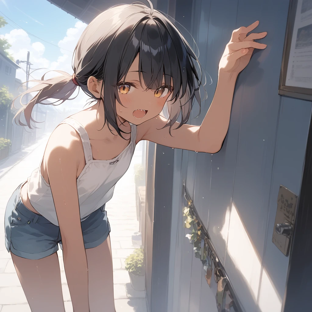 score_9, score_8_up, score_7_up, source_anime, best quality, masterpiece, official art, absurdres, highres, ultra-detailed,waifu2x,Collection: Slice of Life,break,1girl, tomboy, dark-skinned female, short hair, low ponytail, flat chest, beautiful detailed eyes, short shorts, sweat, open mouth, (yawn:0.3), sleepily, outdoors, wind, break,(clear line illustration:1.2),very high resolution, very aesthetic, super detailed skin, Best sexual lighting powered by famous artist, 8k,cute picture,beauty illustration,photoshop_(medium),,(Detailed Lighting),best anime 8k konachan wallpaper, pixiv contest winner, 