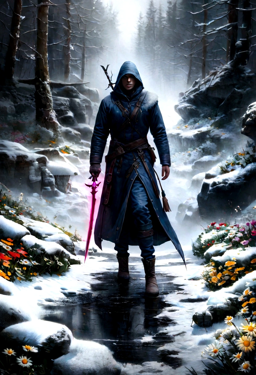 Best quality, Masterpiece, flower garden in the snow land, only one daisy survived in the harsh winter, high resolution, (photograph realistic:1.4), surrealism, Dream-like,fusionart, Shadowdancer, shadow magic, darkness control, stealth, shadowstep, umbral spells, hidden blade,