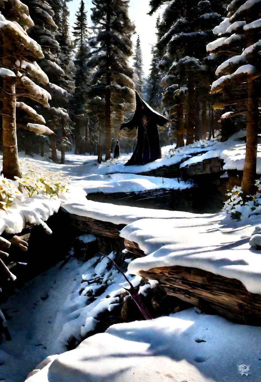 Best quality, Masterpiece, flower garden in the snow land, only one daisy survived in the harsh winter, high resolution, (photograph realistic:1.4), surrealism, Dream-like,fusionart, Shadowdancer, shadow magic, darkness control, stealth, shadowstep, umbral spells, hidden blade,