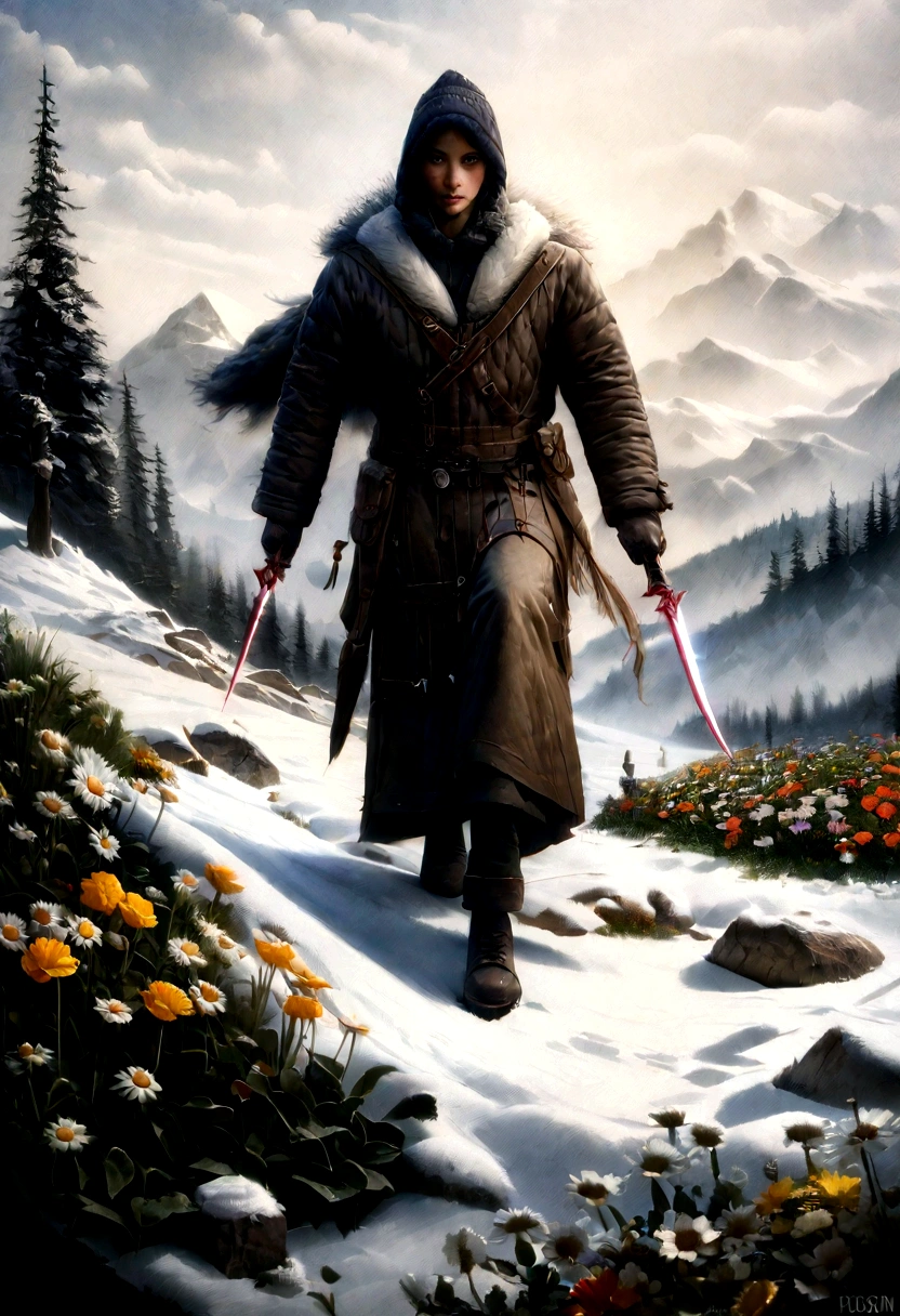 Best quality, Masterpiece, flower garden in the snow land, only one daisy survived in the harsh winter, high resolution, (photograph realistic:1.4), surrealism, Dream-like,fusionart, Shadowdancer, shadow magic, darkness control, stealth, shadowstep, umbral spells, hidden blade,