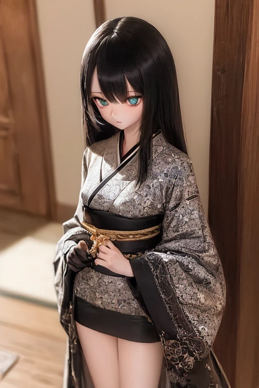 (SFW:2), photorealistic, realistic photo, ((highest quality)), ((masterpiece)), ((extremely detailed)), kukolnydom, doll, (mature woman, 20yo, 20 years old:1.6), solo, ((cowboy shot, seiza, skinny, slender, slim, kimono, obi, hair ornament)), green eyes, parted lips, (black hair, long hair, looking down, blank eyes, empty eyes, detailed eyes, detailed clothes:1.3), Japanese room, 8k