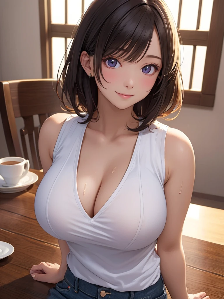 ((((Tabletop, Highest quality, High resolution)))), Extremely detailed 8K, Beautiful girl with slim body, (Ultra HD, Super detailed, Very detailed, Very realistic, Ultra-realistic, Photo Real), (One girl:1.5), Short Wavy Hair, Bobcut, (Dynamic Pose), To the camera, Light Smile, Purple eyes, (Huge boobs: 1.2), (Beautifully detailed face, Beautiful attention to detail), (White vest, Thin material), Cleavage, dark denim shorts, shine, Sweat, (Light of the sun, sunlight)，naked，Exposed breasts