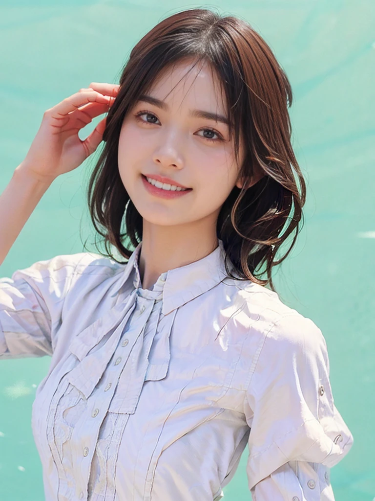 raw photo, 1girl, cute face, beautiful face, medium breast, collared blouse, White blouse, light smile, Upper body, detailed skin, pore, simple background, frontal face, wallpaper, photorealistic, anatomically correct, masterpiece, best quality, UHD